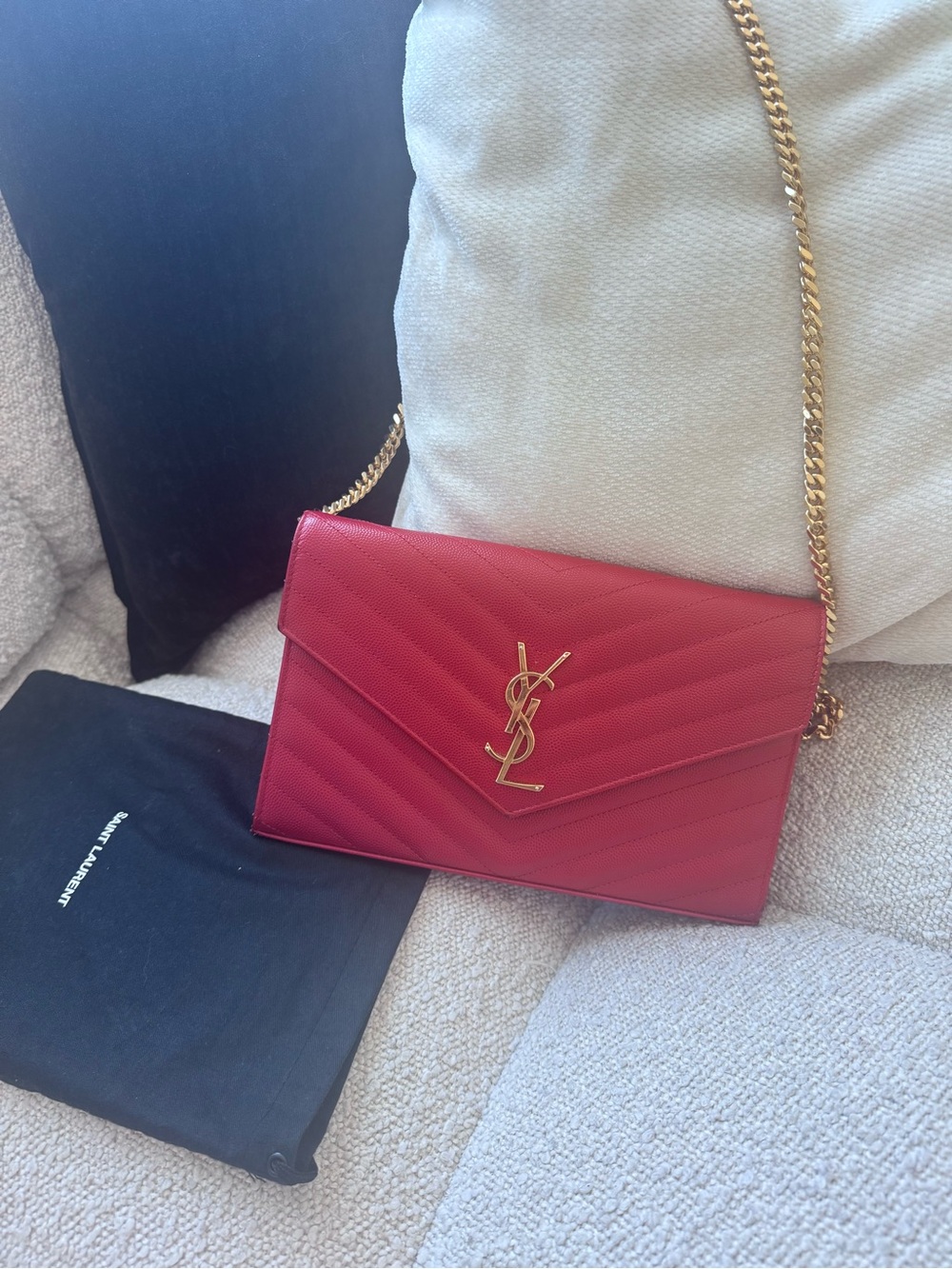 Saint Laurent Red Chevron Quilted Chain Wallet with Gold Hardware